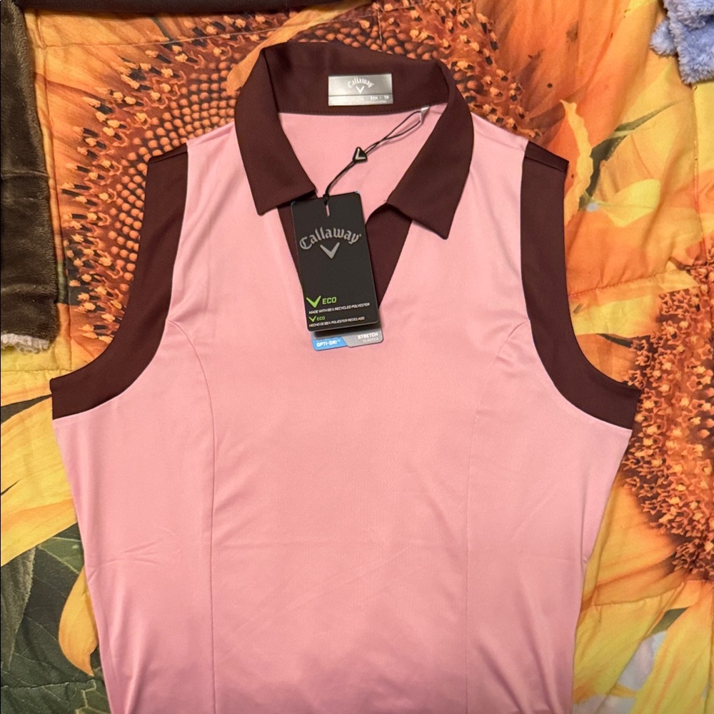 Callaway Women's Pink and Brown Sleeveless Golf Shirt.